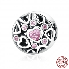 High Quality 925 Sterling Silver Pink Stone Heart to Heart Beads Charms fit Women Bracelets & Necklaces Jewelry SCC054 CHARM-0128