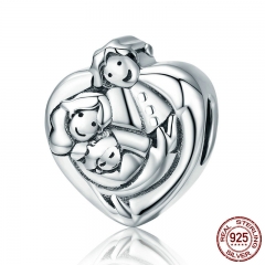 Genuine 925 Sterling Silver Sweet Family Forever Heart Shape Charm Beads fit Women Bracelets Bangles DIY Jewelry SCC688 CHARM-0732