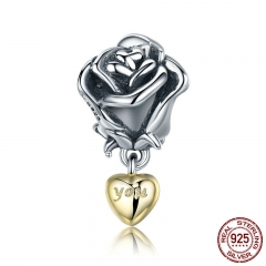 Authentic 925 Sterling Silver Rose Flower with You in Heart Dangle Charm fit Bracelet Jewelry Valentine Day Gift SCC455 CHARM-0526