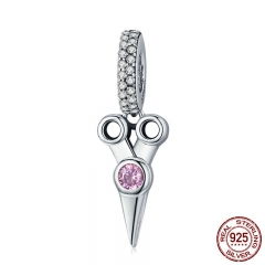 Genuine 925 Sterling Silver Tools Scissor Pink CZ Pendant Charm fit Bracelet & Necklaces Sterling Silver Jewelry SCC656 CHARM-0689