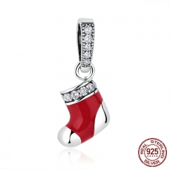 100% 925 Sterling Silver Christmas Socks Red Beads Charms fit Women Bracelets Necklaces DIY Accessories SCC074 CHARM-0155