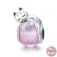 Authentic 100% 925 Sterling Silver Cute Cat Pussy Big Stone Charm Beads fit Women Bracelet DIY Beads Jewelry SCC447 CHARM-0581
