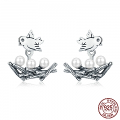 100% 925 Sterling Silver Spring Collection Bird Swallow with Nest Stud Earrings for Women Fine Jewelry S925 Gift SCE337 EARR-0341
