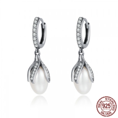 Authentic 925 Sterling Silver Blooming Flower Petal Freshwater Pearl Drop Earrings for Women Luxury Silver Jewelry SCE259 EARR-0264