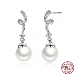 Unique Design 100% 925 Sterling Silver Simulated Pearl & Wave Drop Earrings Women Fashion Jewelry SCE035 EARR-0087