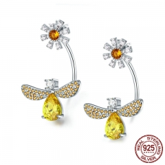 High Quality 925 Sterling Silver Insect Collection Crystal Bee Daisy Flower Drop Earrings for Women Silver Jewelry SCE370 EARR-0383