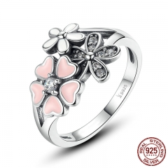 Fashion 925 Sterling Silver Pink Flower Poetic Daisy Cherry Blossom Finger Ring for Women #6 7 8 9 Size Jewelry SCR004 RING-0122
