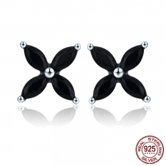 100% Authentic 925 Sterling Silver Small Clover Flower Black CZ Stud Earrings for Women Sterling Silver Jewelry SCE362 EARR-0370