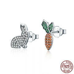 Animal Collection 925 Sterling Silver Cute Rabbit & Carrot Clear CZ Stud Earrings for Women Fashion Silver Jewelry SCE249 EARR-0278