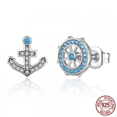 Popular 100% 925 Sterling Silver Anchor & Rudder Blue Crystals Stud Earrings Women Fashion Boat Element Jewelry SCE030 EARR-0086