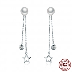 100% 925 Sterling Silver Twinkle Star Imitation Pearl Long Drop Earrings for Women Clear CZ Luxury Jewelry Brincos SCE069 EARR-0143