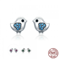 Hot Sale 925 Sterling Silver 3 Color Little Bird Heart Engrave Crystal CZ Stud Earrings for Women Fine Jewelry SCE320 EARR-0349