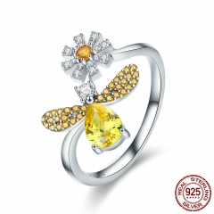 100% Authentic 925 Sterling Silver Fashion Bee with Daisy Flower Open Size Finger Ring for Women Party Jewelry SCR348 RING-0384