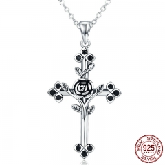 Authentic 925 Sterling Silver Rose Flower Leaf Cross Pendant Necklaces for Women Sterling Silver Jewelry Collares SCN091 NECK-0059