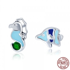 100% 925 Sterling Silver Seahorse And Tropical Fish Color Enamel Stud Earrings For Women Fashion Silver Jewelry SCE433 EARR-0444