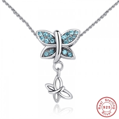 New Fashion 925 Sterling Silver Blue Crystals Butterfly Pendant Necklace for Women Engagement Fine Jewelry SCC030 NECK-0005